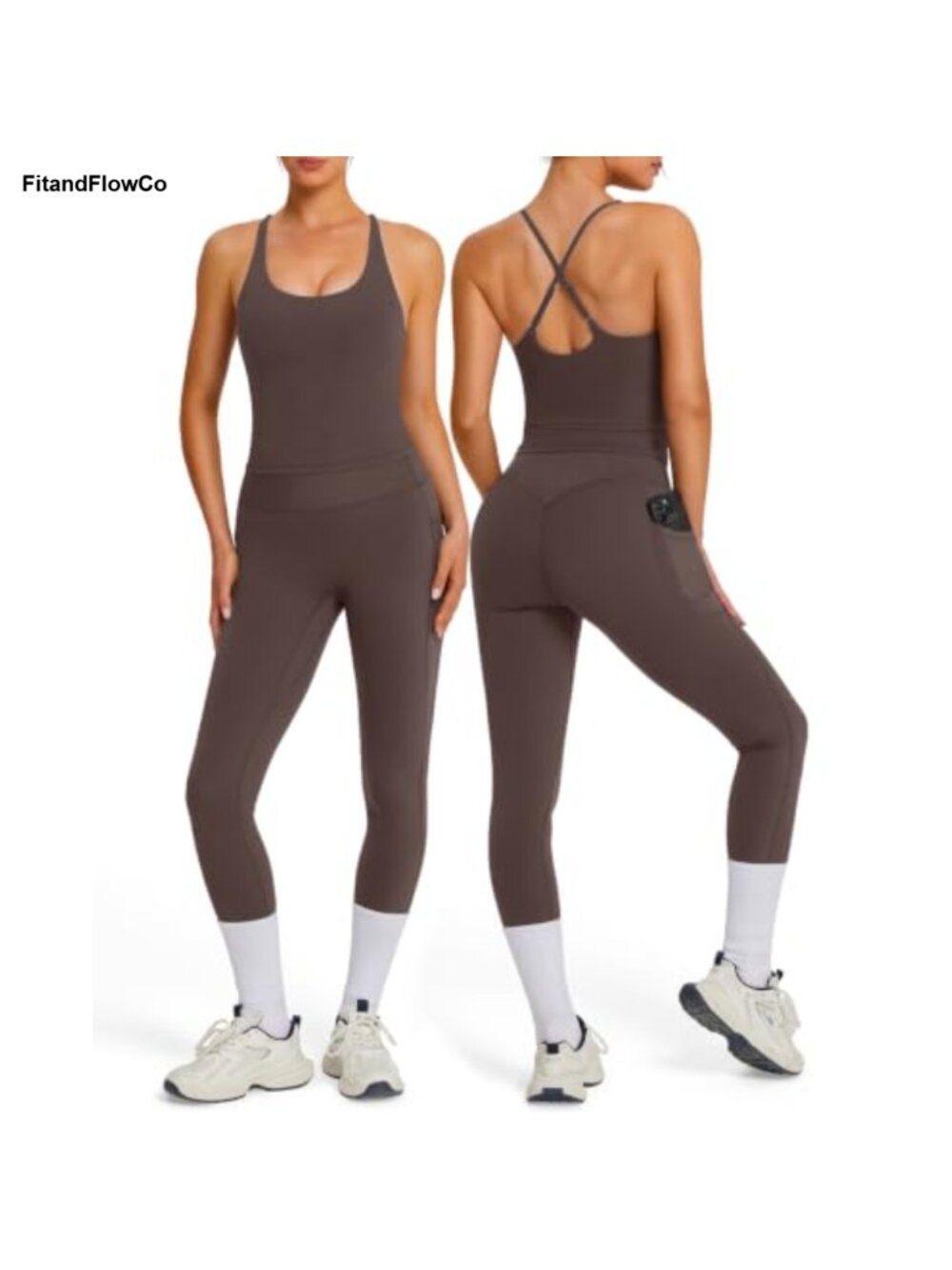 Workout Tank Top & Booty Leggings Set Cross Back Padded Sports Bra Nylon